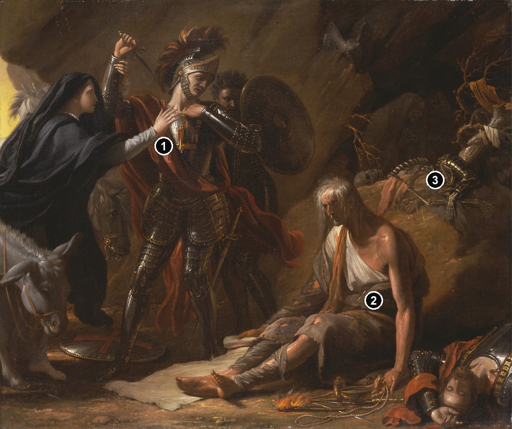 Annotated details from The Cave of Despair by Benjamin West, The Cave of Despair, 1772
